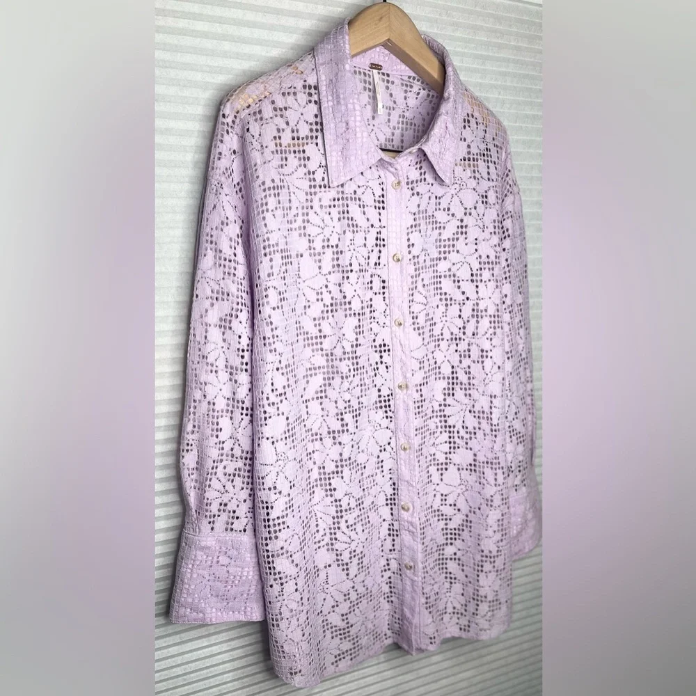 FREE PEOPLE in your dreams lace button down lavender XL oversized lace bohemian